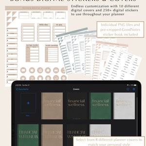 May include: A digital planner cover with the text "Financial Wellness" in gold lettering on a brown background. The cover is displayed on a tablet screen with other covers in different colors. The image also shows a variety of digital stickers for use in a planner.