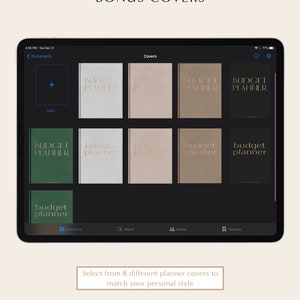 May include: A screenshot of a tablet screen showing a selection of 8 different budget planner covers. The covers are in various colors, including green, beige, and black. The text "BUDGET PLANNER" is displayed on each cover.