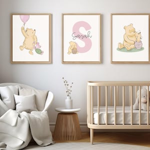 Classic Winnie the Pooh Personalised Name Print 3 Piece Set | Digital Nursery Wall Art | Custom Baby Girl Room Decor | Instant Download
