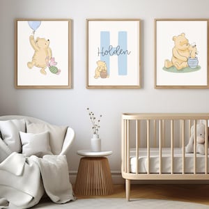 Classic Winnie the Pooh Personalised Name Print 3 Piece Set | Digital Nursery Wall Art | Custom Baby Boy Room Decor | Instant Download