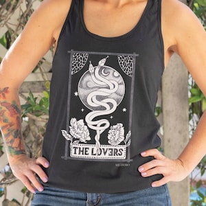 Lovers Tarot Tank, Tarot card shirt, Snakes Mystical tank, Esoteric Womens Top, Moon Tee, Witchy shirt