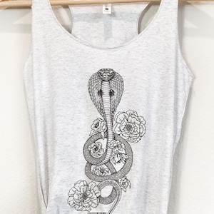 Cobra Snake Tank Top, Floral Serpent Tshirt, Reptile Vintage Tank, Animal Lover Gift Snake Shirt, Summer Womens Racerback Tank