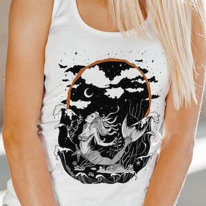 Mermaid Tank Top, Siren Sea Goddess Top, Vintage Marmaid Tank for Women, Witchy Celestial Moon shirt, Witch Clothes