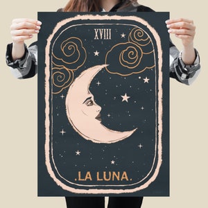 La Luna Tarot Card Print, The Moon Art Poster, Celestial Digital Art Print, Witchy Decor Wall Art