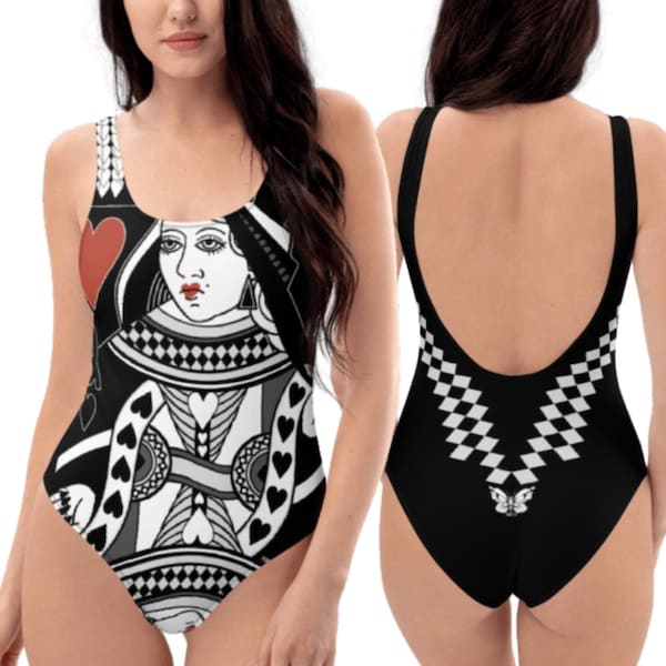 Queen Of Hearts Swimsuit, Playing Card Bathing Suit, Black One Piece Swimsuit, Cheeky Goth Swimwear, Witchy clothing