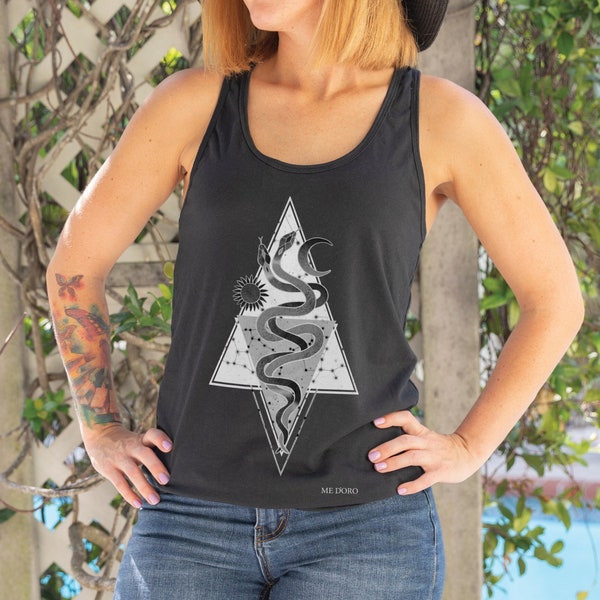 Yin Yang Snake Tank Top, Witchy clothing, Celestial Tank, Esoteric Womens Top, Witch Moon Constellation shirt