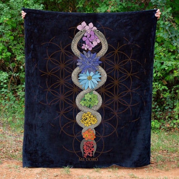 Manta de chakra, manta de felpa de pana del despertar de Kundalini, manta gruesa de lanzamiento de yoga, serpientes espirituales, regalo de manta suave de geometría sagrada