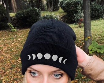 Moon Phases Beanie, Witchy Hat Celestial Embroidered Beanie Cute Witch Gift