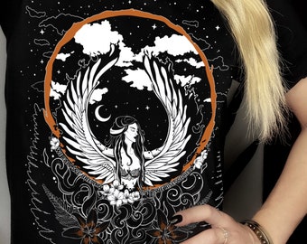 Phoenix Rising Powerful Women Shirt, Celestial Moon and Stars Witch Tee Inspirational Clothing Motivational Strong Women Power Gift