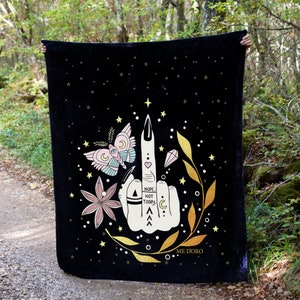 Witchy Blanket Witch Hand Throw Blanket, Celestial Velveteen Plush Blanket, Crystals Stars Luna moth cozy blanket, witchy stuff gifts