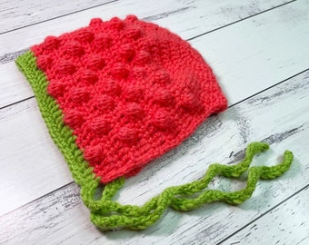 Newborn Raspberry Bobble Bonnet Crochet ~ Photography prop ~ Newborn Gifts ~ Handmade ~ Baby bonnet ~ Baby soft  ~ Fruit