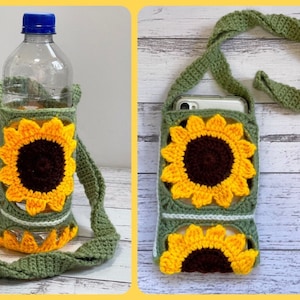 Sunflower Water Bottle / Phone Holder Bag Crochet Pattern ~ PDF pattern ~ English only ~ nature themed ~ granny square ~ us terminology
