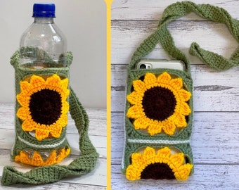 Tournesol bouteille d'eau/porte-téléphone sac crochet modèle ~ modèle PDF ~ anglais seulement ~ thème de la nature ~ grand-mère carré ~ nous terminologie