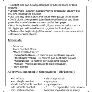 May include: Crochet pattern instructions for an intermediate skill level. The pattern includes materials, abbreviations, and gauge information for a blanket made with sunflower squares. The pattern uses US crochet terms.