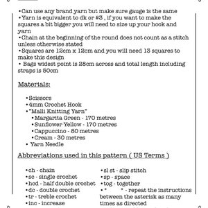 May include: Crochet pattern instructions for a bag with a gauge of 20 double crochet stitches by 10 rows, measuring 10 centimeters by 10 centimeters. The pattern includes a list of materials and abbreviations used in the pattern.