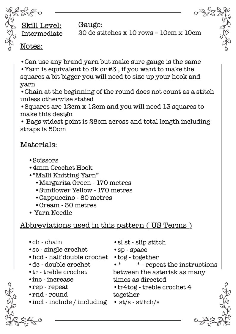 May include: Crochet pattern instructions for a bag with a gauge of 20 double crochet stitches by 10 rows, measuring 10 centimeters by 10 centimeters. The pattern includes a list of materials and abbreviations used in the pattern.