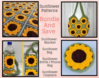Crochet Sunflower Pattern Bundle ~ PDF pattern ~ English only ~ blanket ~ bag ~ bottle holder  ~ phone holder ~ coaster