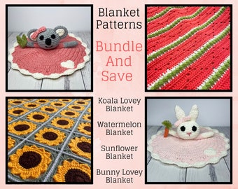 Crochet Blanket Pattern Bundle ~ PDF pattern ~ English only ~ nature themed ~ watermelon ~ sunflower ~ koala ~ bunny ~ lovey blanket