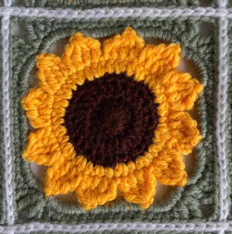 May include: A crocheted sunflower with yellow petals and a brown centre, framed by a green and white crocheted square.