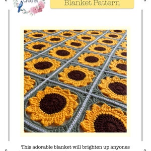 May include: A crochet blanket pattern featuring a sunflower design. The pattern is made up of multiple sunflower squares, each with a brown centre and yellow petals. The squares are connected by a white and green border.