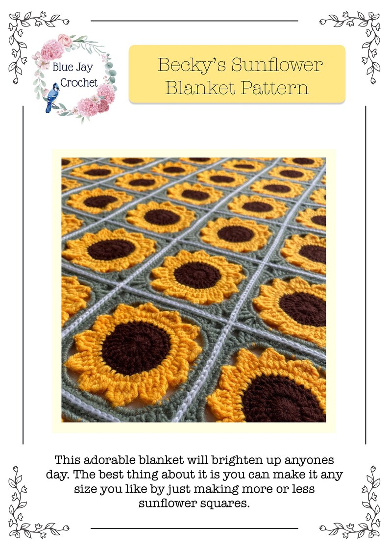 May include: A crochet blanket pattern featuring a sunflower design. The pattern is made up of multiple sunflower squares, each with a brown centre and yellow petals. The squares are connected by a white and green border.