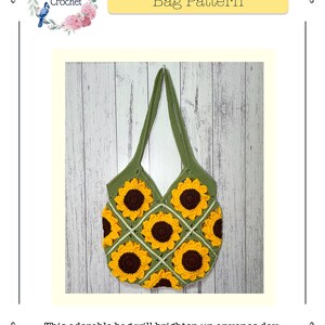 May include: A green crocheted tote bag with a sunflower design. The bag has a long strap and is hanging on a white wooden wall. The text "Scarlett's Sunflower Bag Pattern" is written on a yellow banner above the bag.