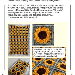 May include: A crochet sunflower blanket with a grey background and yellow sunflowers. The blanket is made up of individual squares with a sunflower in each square. The blanket is shown in two different sizes. The text on the image reads: "Instagram: @blue_jay_crochet Etsy: HappyBlueJayCrochet Facebook: @happybluejaycrochet #beckyssunflowerblanket"
