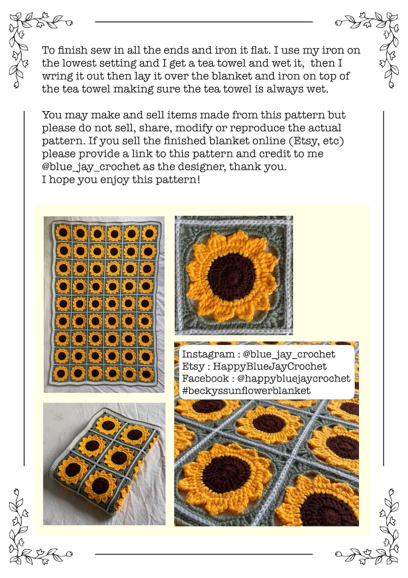 May include: A crochet sunflower blanket with a grey background and yellow sunflowers. The blanket is made up of individual squares with a sunflower in each square. The blanket is shown in two different sizes. The text on the image reads: "Instagram: @blue_jay_crochet Etsy: HappyBlueJayCrochet Facebook: @happybluejaycrochet #beckyssunflowerblanket"