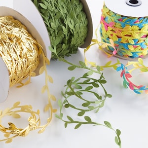 Artificial Leaf Ribbon, 10.9 Yards (10 m) Fabric Vine Garland Trim in Green, Gold & Rainbow for Crafts, Wreaths, Hair Bows and Wedding Decor