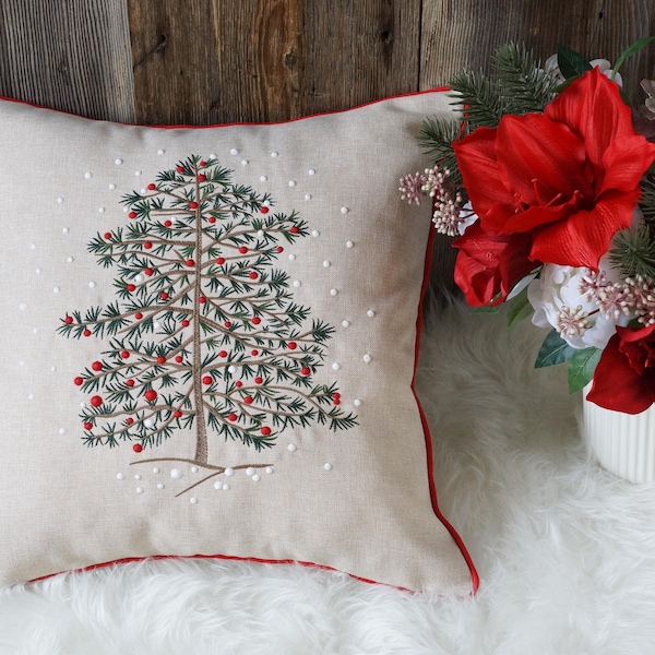 Pine Tree Christmas Pillow Covers, New Year Snowflakes Embroidered Throw Cushions for Home Decoration 18x18" (45x45cm)