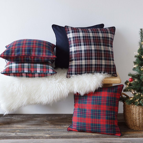 Christmas Red Plaid Pillow Cover 18x18 Inches Burgundy, Cobalt, Navy Blue Tartan New Year Throw Pillow Case, Buffalo Cushions for Home Decor