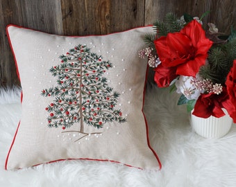Pine Tree Christmas Pillow Covers, New Year Snowflakes Embroidered Throw Cushions for Home Decoration 18x18" (45x45cm)