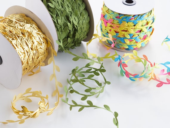 Artificial Leaf Ribbon, 10.9 Yards (10 m) Fabric Vine Garland Trim in Green, Gold & Rainbow for Crafts, Wreaths, Hair Bows and Wedding Decor