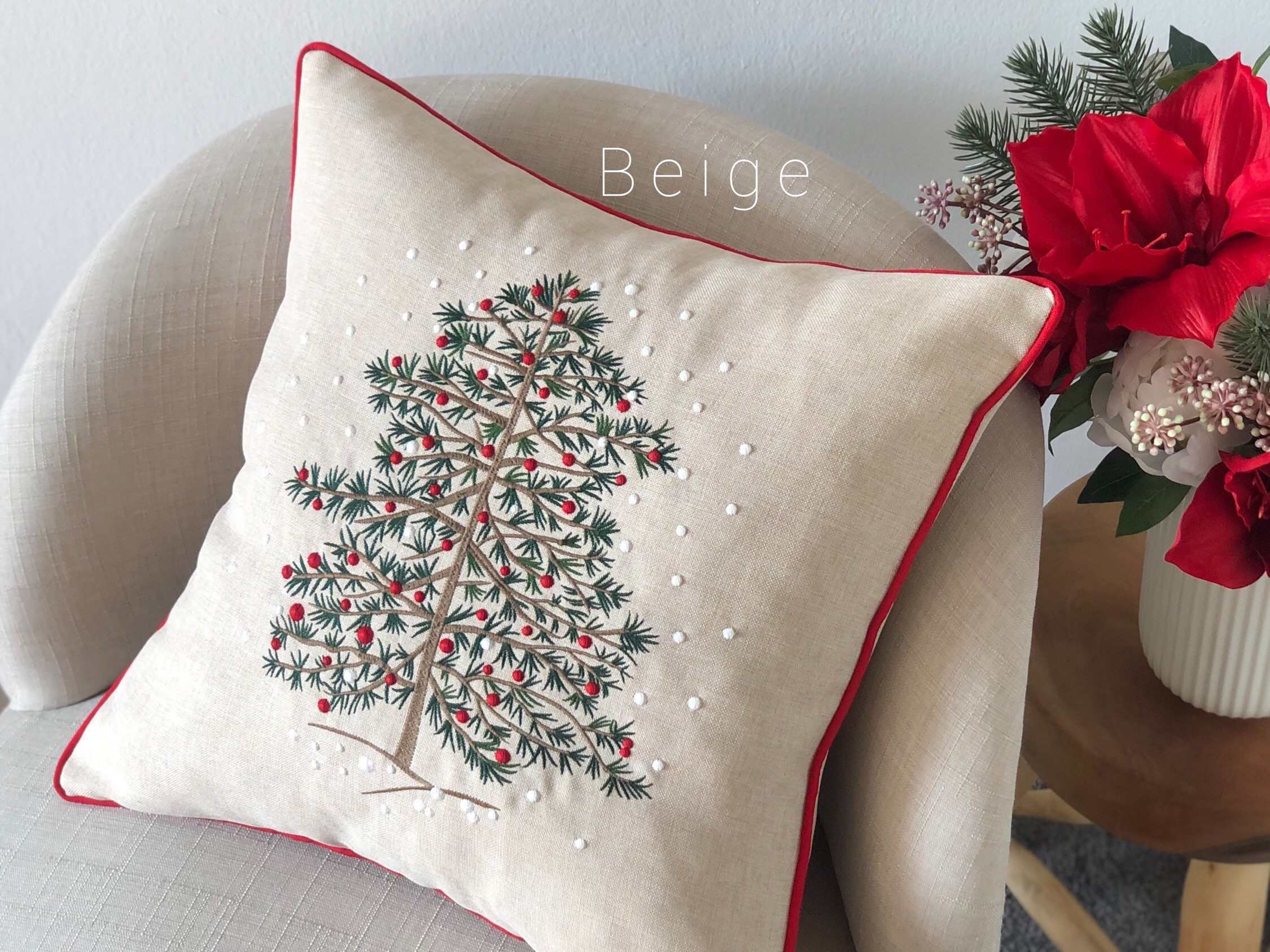 Pine Tree Christmas Pillow Covers, New Year Snowflakes Embroidered Throw Cushions for Home Decoration 18x18&quot; (45x45cm)