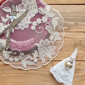 Floral Lace Placemat, Vintage Style Lace Doily, White and Beige Cotton Doilies, 13&quot; (33cm) for Table Decoration, Dining Decor, Wedding, Home