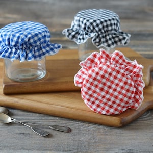 Fabric Jar Covers – Set of 3 Washable & Reusable Cotton Gingham Lid Covers for Mason Jars, Jam Jars, Canning and Rustic Kitchen Decor
