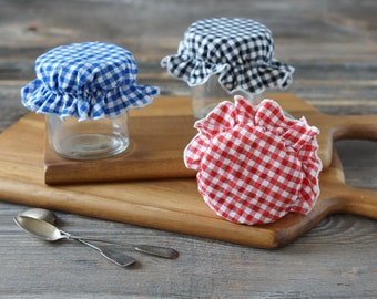 Set of 3 Cotton Fabric Jar and Glass Covers, Jam Jar Covers, Mason Jar Bonnets