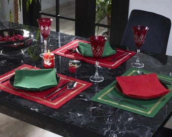 Gold Glitter Christmas Placemats & Runner, Green and Red Holiday Table Decor, New Year Dinner Decoration