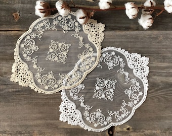 Oval lace doilies, white and beige Vintage Cotton French lace doily 11.80&quot;x15.75&quot; (30x40 cm) for table decoration