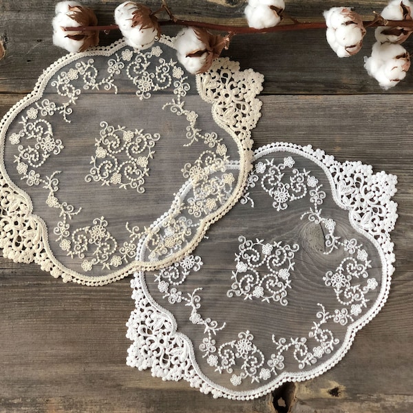 Oval lace doilies, white and beige Vintage Cotton French lace doily 11.80"x15.75" (30x40 cm) for table decoration