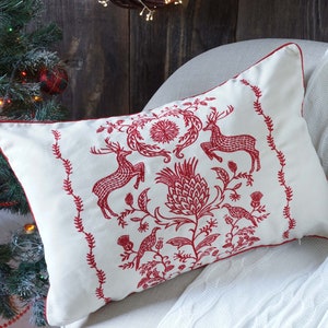 Scandinavian Christmas Embroidered Pillow Cover, Nordic Red Reindeer Cushion 13.8"x19.7" (35x50 cm)