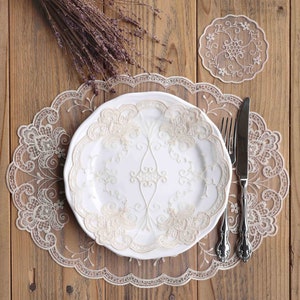 Beige cotton oval lace placemats, round doilies, vintage style flower lace doily for wedding organizations, home and table decorations
