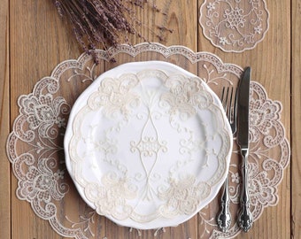 Beige cotton oval lace placemats, round doilies, vintage style flower lace doily for wedding organizations, home and table decorations