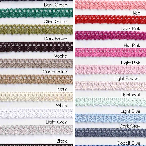 Colored cotton lace trim by the yard, 0.55" (1.4 cm) wide cotton lace trims for sewing bags, placemats, wedding gifts - 1.09 yards (1 m)