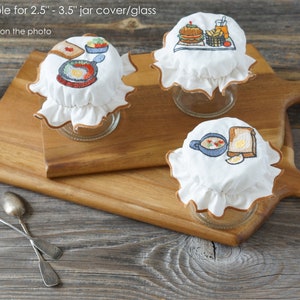 Fabric Jar Covers – Embroidered Mason Jar Lids “Brunch Series” for Kitchen Decor, Gift Wrapping & Pantry Storage (Set of 3)