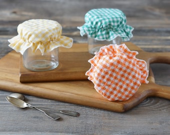Gingham Jar Covers – Set of 3 Washable & Reusable Cotton Lid Covers for Jam Jars, Sourdough Starters and Rustic Pantry Storage