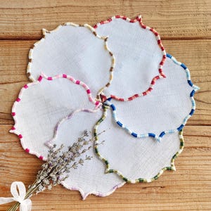 Embroiderable Linen Coasters, Embroidered Cocktail Napkins, Colorful Scalloped Edges - 5.7" (14.5 cm) Stitchable Fabric Napkins, Embroidery