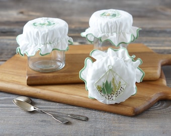 Stoffen potdeksels – 3 stuks geborduurde katoenen deksels met plantthema voor glazen potten, zuurdesem, voorraadkast en ecologische cadeauverpakking
