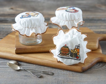 Fabric Jar Covers – Embroidered Mason Jar Lids “Brunch Series” for Kitchen Decor, Gift Wrapping & Pantry Storage (Set of 3)