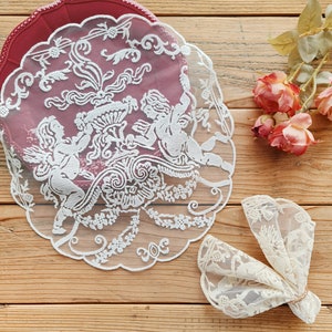 Eros Placemat, Vintage Style Lace Doily, White and Beige Cotton Doilies, 12.5&quot;x13.5&quot; Table Decoration, Dining Decor, Wedding, Home